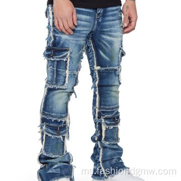 Vintage Wash Slim Fit Men ditumpuk seluar jeans denim